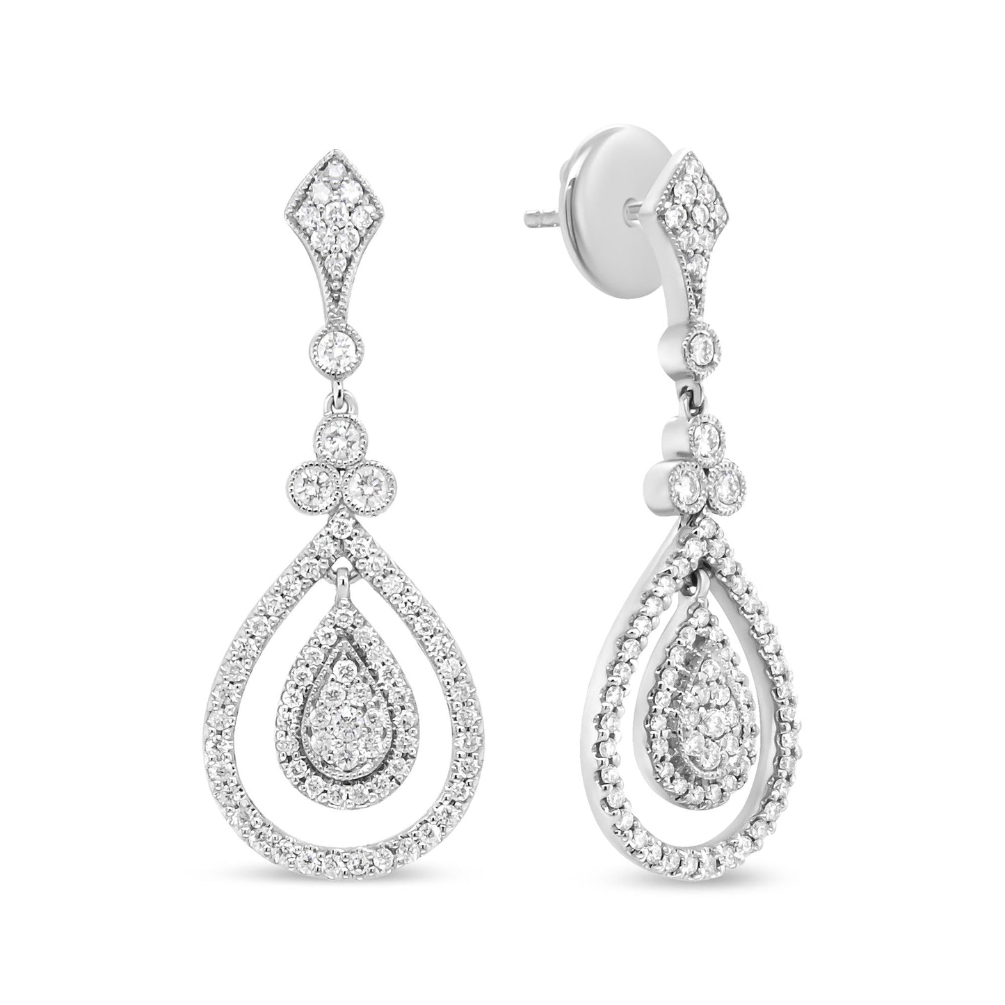 18K White Gold 1 1/4 Cttw Round Diamond Openwork Teardrop-Shaped Dangl