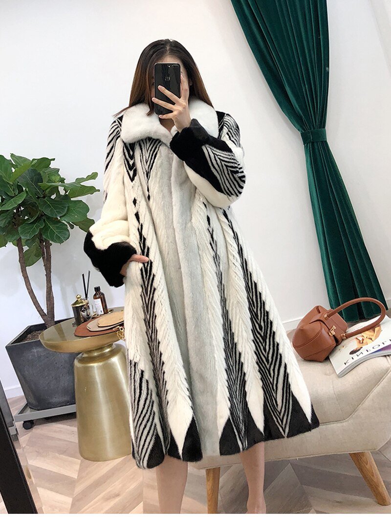 Real Mink Coat Women's Importe Mink Coat Gradient Striped V-Neck - H&S Mall